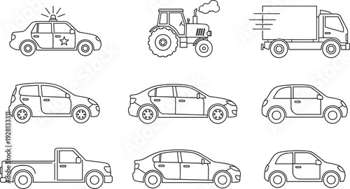 Car outline vector set with police car, truck, tractor, and passenger vehicles for transport and automotive design