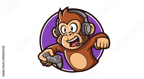Excited cartoon monkey gamer wearing a headset and holding a controller against a purple background.