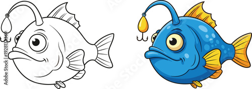 Cute anglerfish cartoon vector illustration with outline and colored deep sea fish character for ocean and marine design