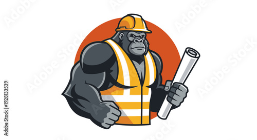 A powerful cartoon gorilla wearing a yellow hard hat and safety vest, holding a blueprint, symbolizing strength in construction.