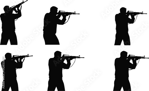 Military soldier aiming rifle silhouette collection tactical army shooter poses black vector illustration isolated on white background set