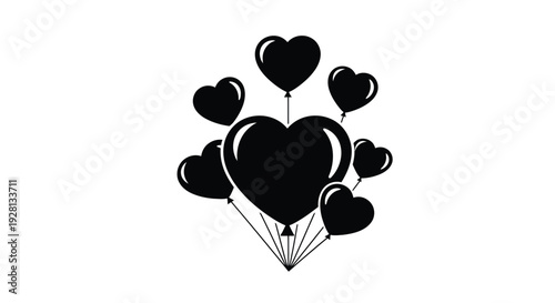 A cluster of black heart shaped balloons floats upwards creating a romantic and celebratory image silhouette high quality professional detailed modern elegant
