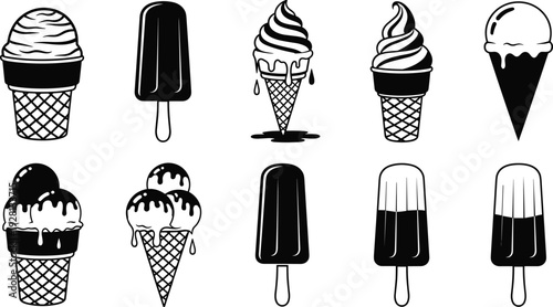 Ice cream cone and popsicle silhouette set with melting scoops waffle cones frozen dessert black vector illustration