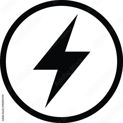 Black lightning bolt icon in a circle on white. Represents energy, power, and speed.