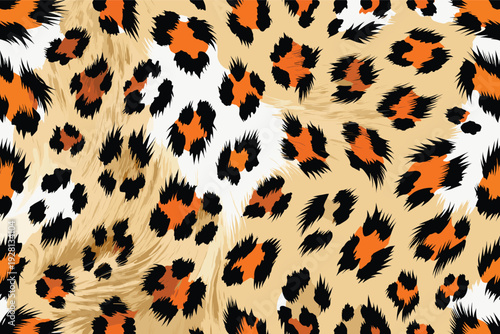 Dynamic Leopard Fur Pattern Repeating Orange Black Spots Tan Seamless Background Movement Energy Wild Design