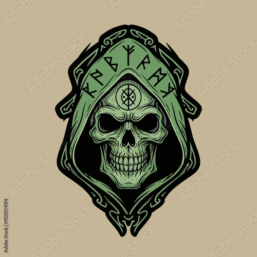 Viking skull in hood with runes design vector illustration on beige