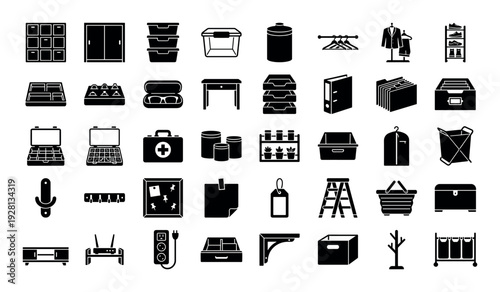 Collection of household and office organization icons in a clean, modern silhouette style