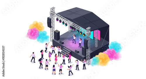 Isometric illustration of a lively music festival with people dancing around a DJ stage with colorful powder effects