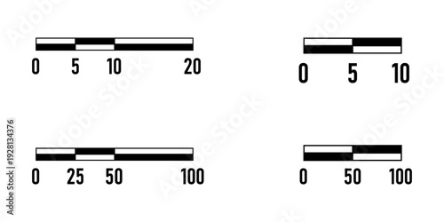 Linear Scale Bar Cartography Symbol Sign Meter Measurement Element Icon Set for Map or Site Plan. Vector Image.