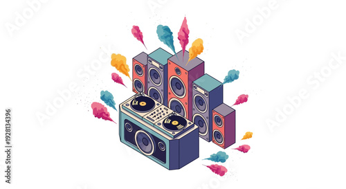 Isometric illustration of a colorful music festival setup with a DJ booth and speakers surrounded by vibrant powder and colorful leaves in a city setting