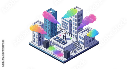 Isometric 3D illustration of a colorful cityscape with buildings, people, and vibrant colored powder clouds, symbolizing a fun Holi Music Festival Day celebration in an urban setting