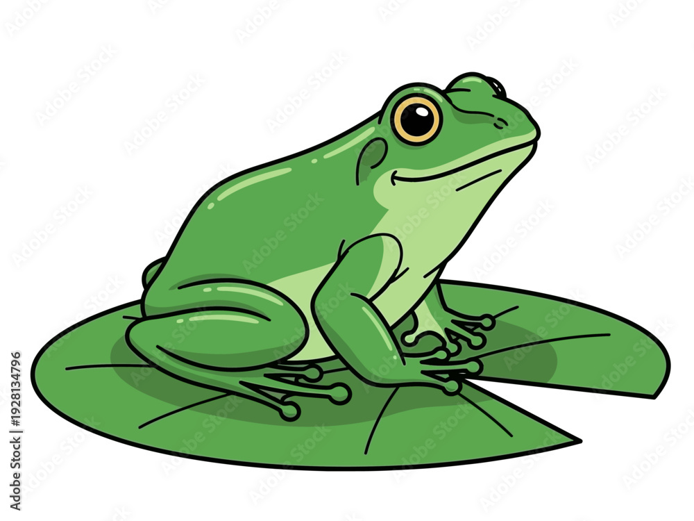 Obraz premium Cartoon green frog sitting on a large lily pad