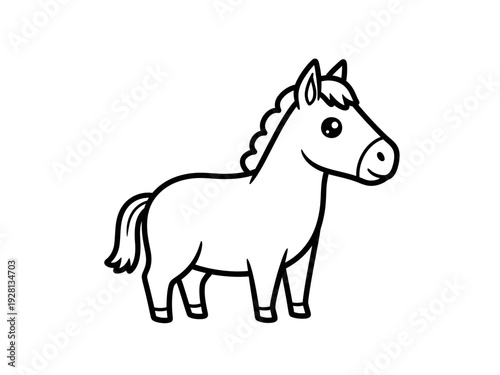 Black and white line art drawing of a cartoon pony facing right