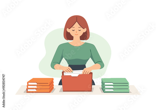 Calm person places files into folders at a desk, stacks grouped by color, folder edges straightened carefully. | files folders,