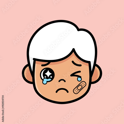 Cartoon character head with sad expression and bandage vector illustration