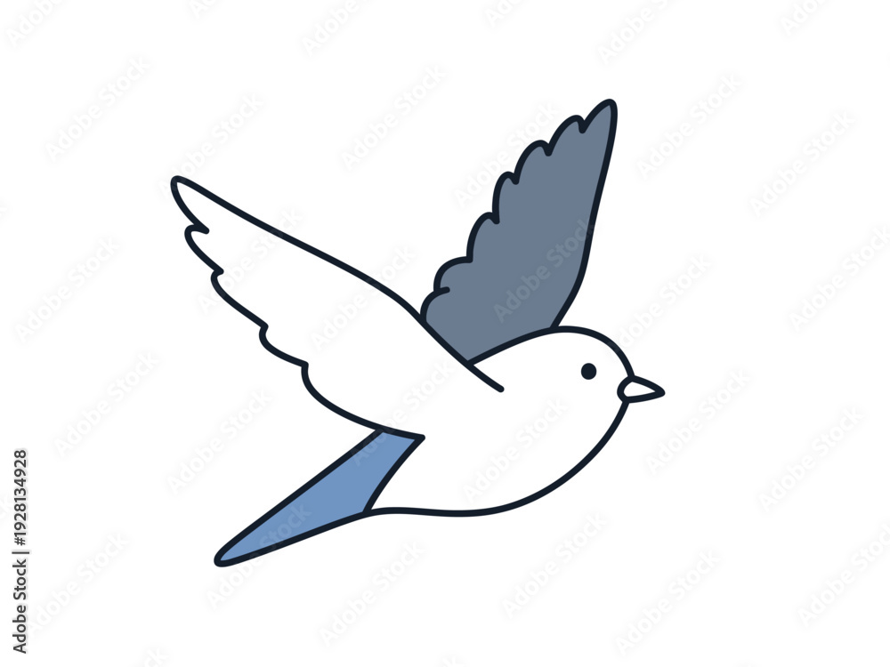 Obraz premium Stylized drawing of a white bird in flight with blue wing and tail accents