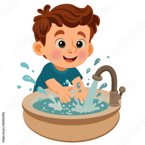 A boy child washes his hands under the tap in the sink