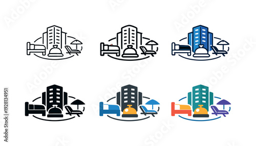 Modern Hotel Icon Grid. Modern hotel lifestyle icon showing a high-rise building with amenities symbols like a bed, bell, and