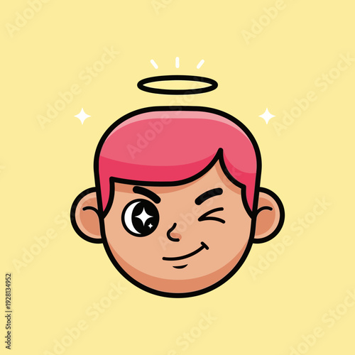 Cartoon character with pink hair and halo winking on yellow background