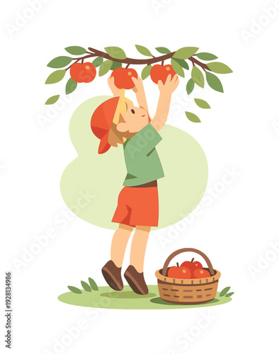 Sunny child reaches up picking apples from a tree, basket on grass below, leaves rustle softly, bright fruit close to hands. |