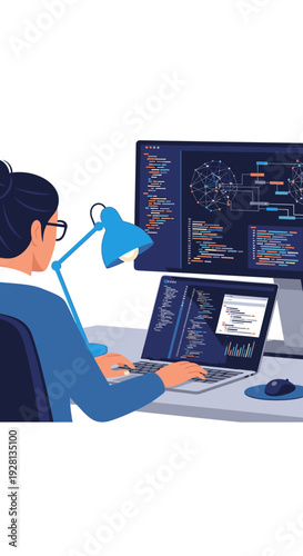 Focused female programmer coding on a laptop and multiple monitors in a modern office setting, illustrating software development and technology work.