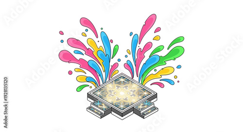 Isometric illustration of a colorful Holi Music Festival Day concept with a DJ booth, people, and vibrant powder splashes in a city setting, conveying a fun and celebratory mood