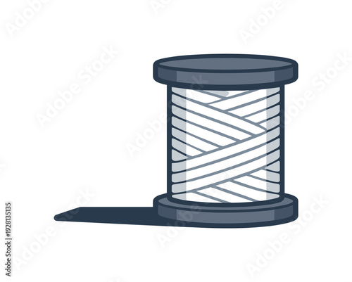 A spool of white thread casting a shadow on a plain gray background