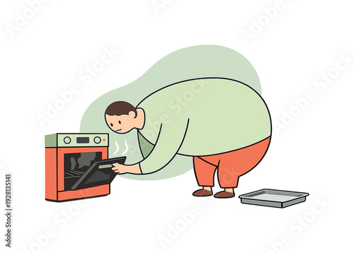 Quiet person bends to check an oven, opening the door slightly as warm air escapes and a tray waits inside on the floor nearby.