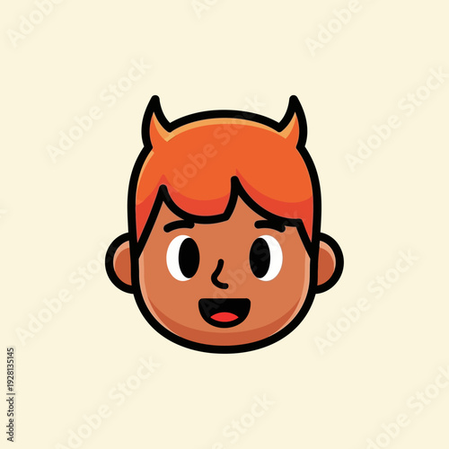 Cartoon devil illustration smiling face with orange hair and horns