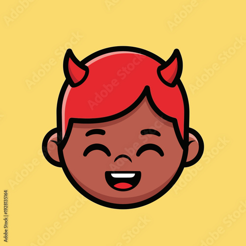 Cartoon devil illustration smiling face with red hair and horns against yellow