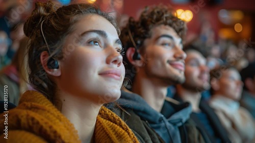Wallpaper Mural A young woman wearing an orange sweater smiles attentively while listening to a performance. A young man sits beside her, both enjoying the lively atmosphere in a crowded theater Torontodigital.ca
