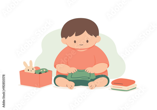 Along child helps clean a room, folding clothes on the floor, toys sorted into a box, window light calm. nearby today inside now.