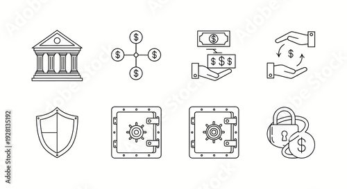Financial security icons including bank, money exchange, shield, and safe.