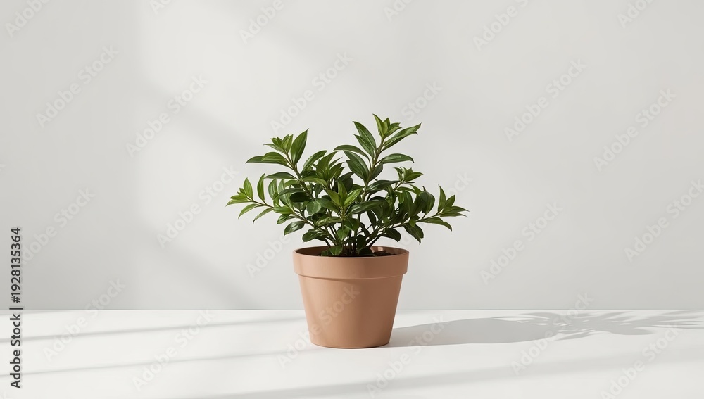 Fototapeta premium A potted green plant with many leaves sits on a white surface, with shadow cast on wall