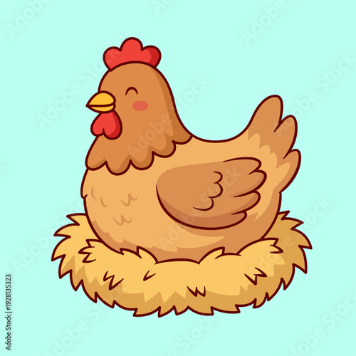 Cute broody hen cartoon character illustration. Brown chicken sitting on a nest