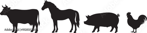 Barn Animal Silhouette Set with Cow, Horse, Pig and Chicken