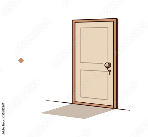 Minimalist illustration of a closed door with a key in the lock and a small diamond shape on the wall