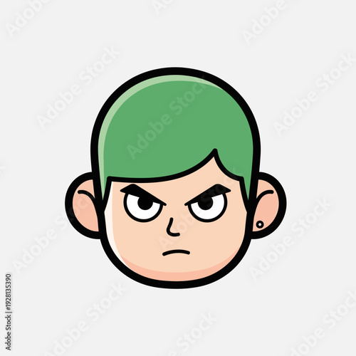 Cartoon head with green hair and angry expression on a white background