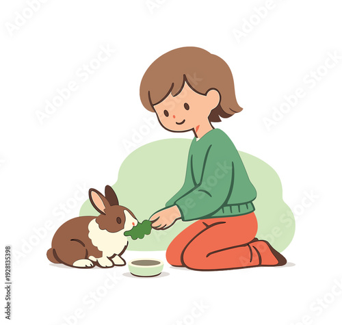 Child Feeds Rabbit. Gentle child kneels on the floor feeding a pet rabbit leafy greens, small bowl nearby, rabbit alert, gentle
