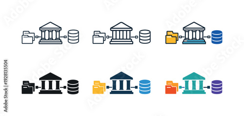 Government information system icon presenting an institutional building linked with organized files and data storage elements to