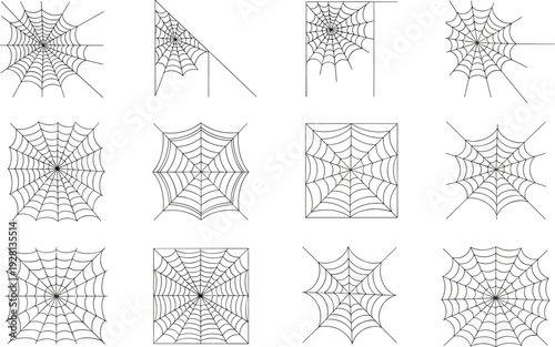 Spider web vector collection with realistic cobweb shapes for Halloween decoration, spooky backgrounds, and creepy design projects