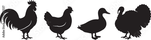 Farm Bird Silhouette Collection with Rooster, Hen, Duck and Turkey.
