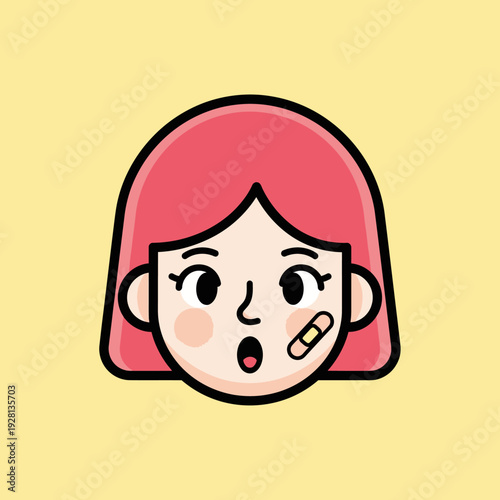 Cartoon illustration of a surprised young woman with a plaster on cheek