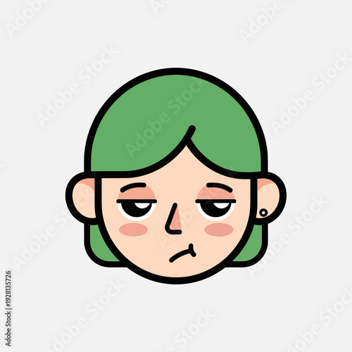 Cartoon illustration of a woman with green hair and a pensive expression