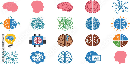 Brain and artificial intelligence icon set with neural network, psychology and technology symbols, modern flat vector collection for medical, science and AI design