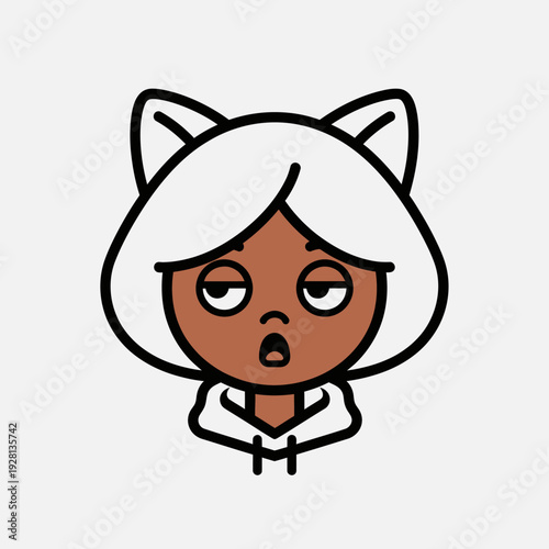 Cartoon illustration of a woman with cat ears in a white hooded sweatshirt