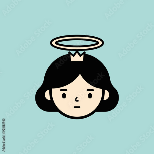 Cartoon illustration of a woman with halo and crown on pastel background