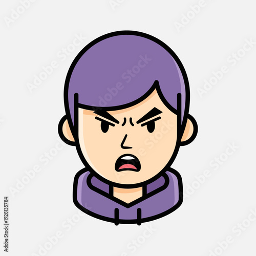 Cartoon illustration of an angry person with a purple hairstyle