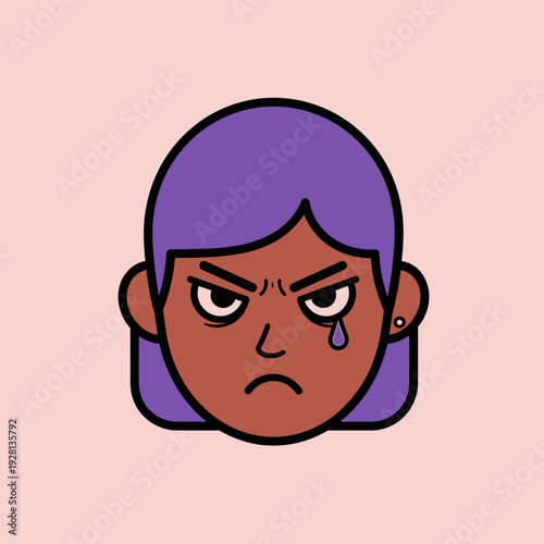 Cartoon illustration of an angry person with purple hair and a tear