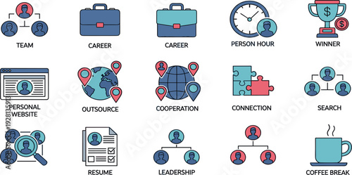 Business and career icon set with team, leadership, cooperation and resume symbols, modern flat vector collection for corporate management and professional design